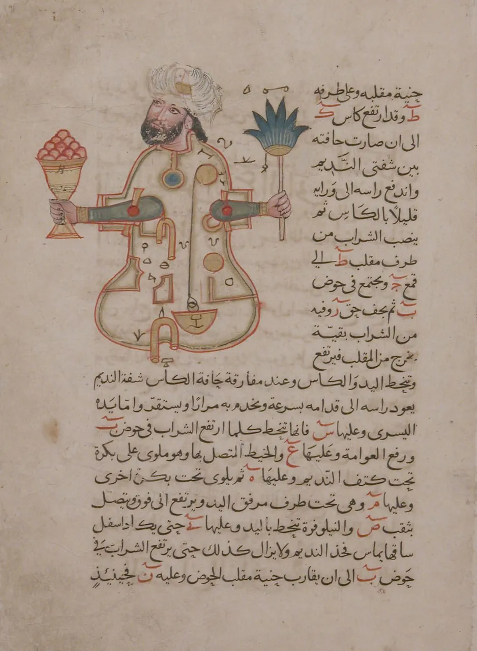 A manuscript page showing a seated automaton figure holding a cup and a flower, its hidden pipes and floats drawn inside its body, beside Arabic text.