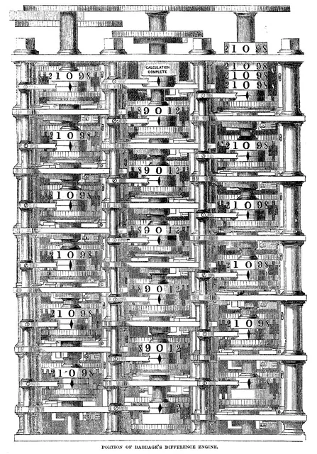 A woodcut of the calculating machine: stacked columns of numbered wheels between brass frames.