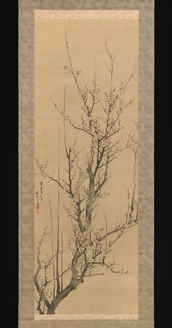 A hanging scroll of a gnarled plum tree in pale ink, its thin branches dotted with small blossoms.