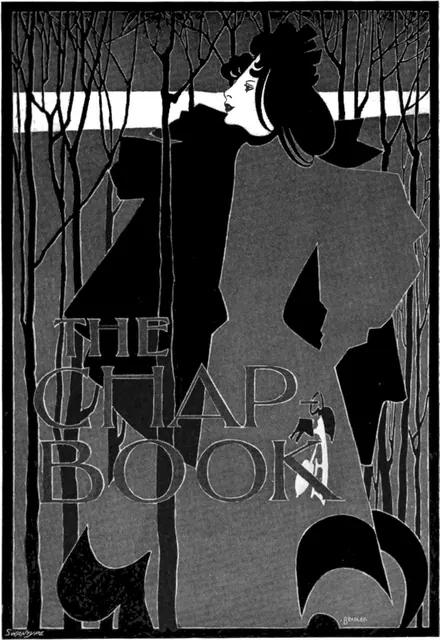 A black, white and grey poster of two women in long dresses and large hats among bare trees, with the words The Chap-Book.