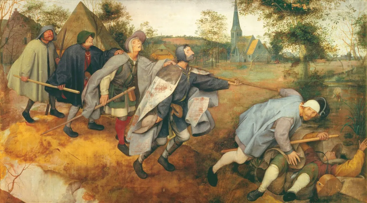 A painting of six blind men in a line, each holding the one in front, as the leader falls into a ditch and the rest stumble after him.