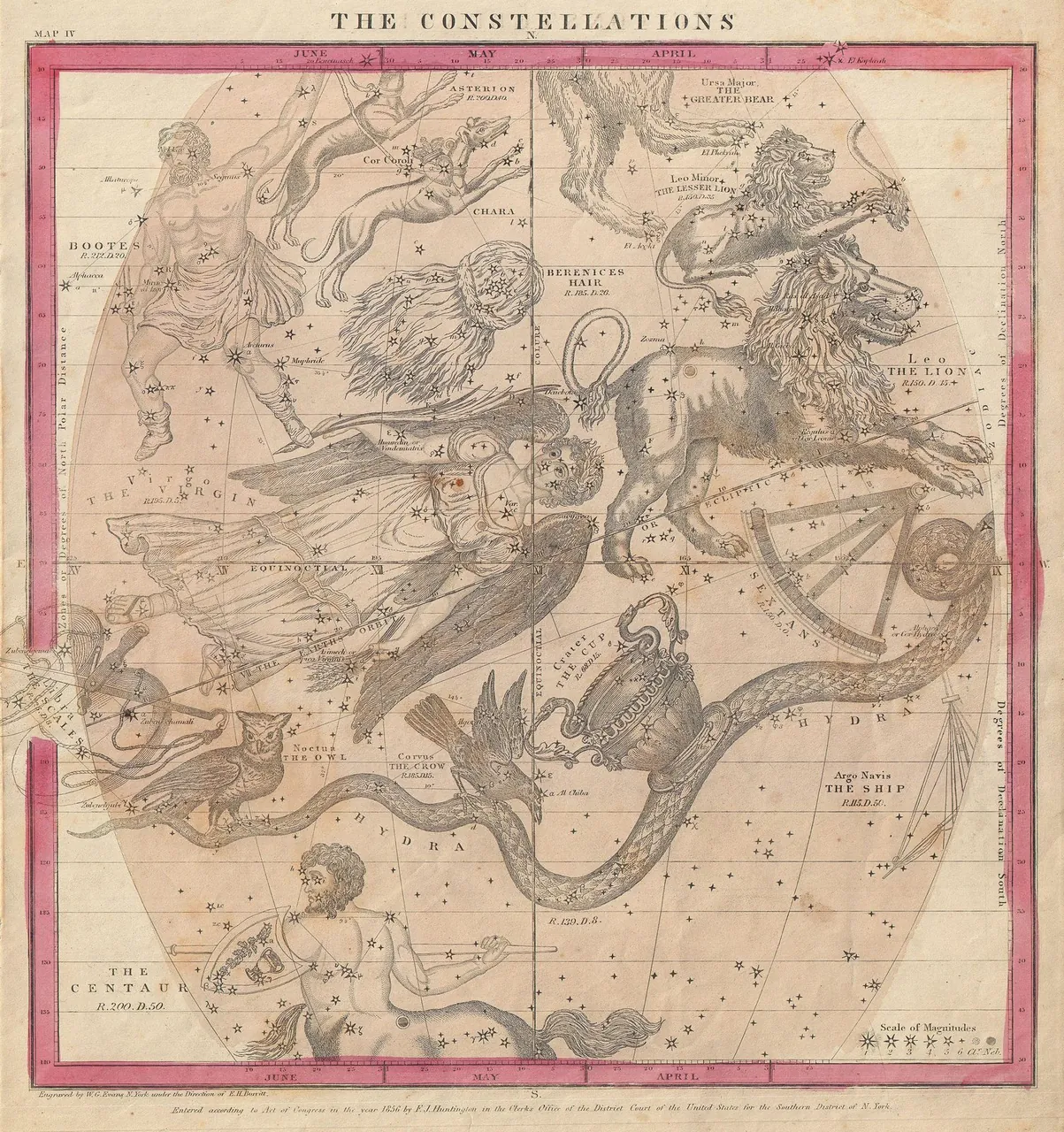 A hand-coloured star chart in an oval frame, with constellation figures such as a lion and a long serpent drawn around the stars.