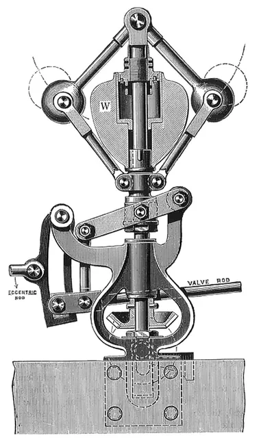 A labelled line drawing of a governor: two weighted balls on arms that swing out as the shaft spins and move a valve rod.