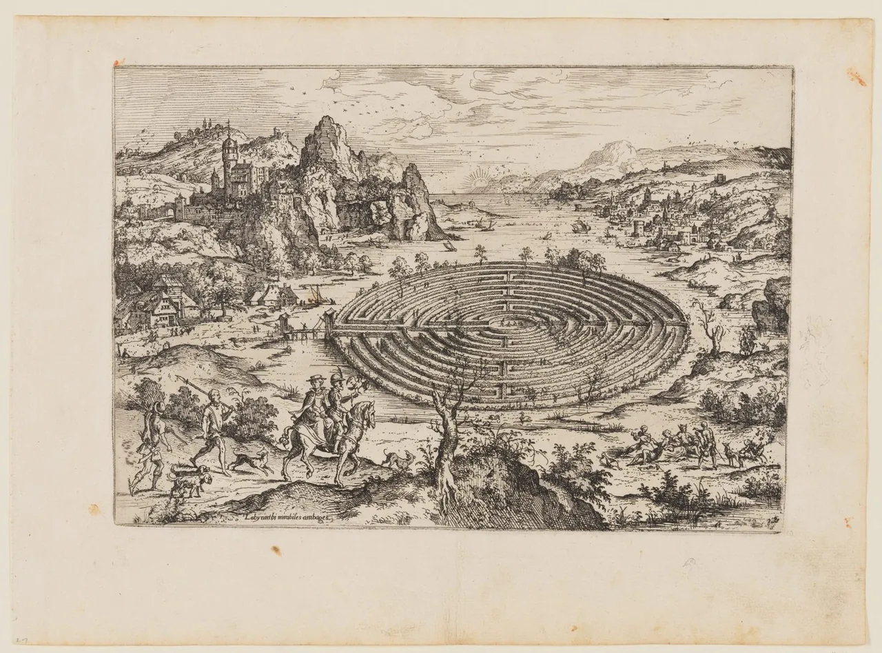 An etching of a wide landscape with a great circular labyrinth of walls at its centre and small figures around it.