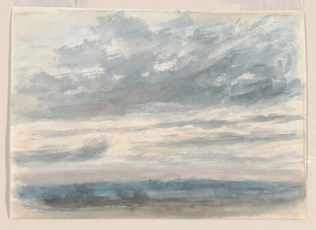 A quick watercolour study of grey and white clouds moving across a blue sky.
