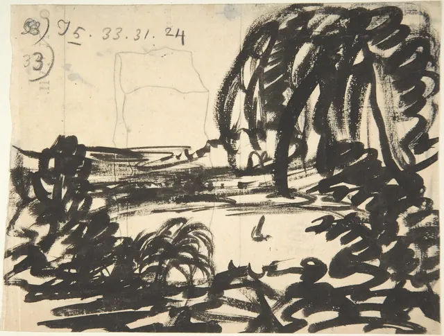 A loose blot of black ink and wash that resolves into a dark lake with a small boat, ringed by trees.