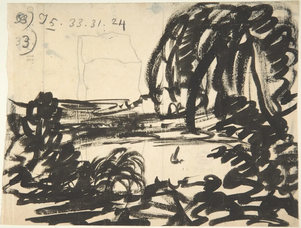 A loose blot of black ink and wash that resolves into a dark lake with a small boat, ringed by trees.