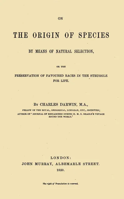The printed title page of On the Origin of Species by Means of Natural Selection, by Charles Darwin, London, John Murray, 1859.