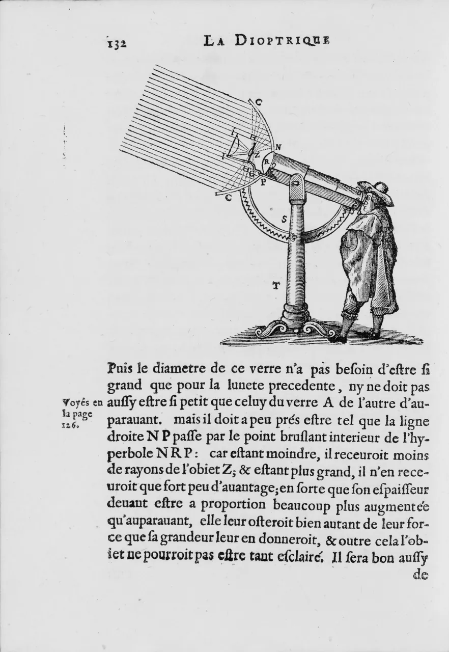 A printed page from La Dioptrique showing a man standing at a tall instrument on a stand, looking into a tube as rays of light fall on it from the upper left.