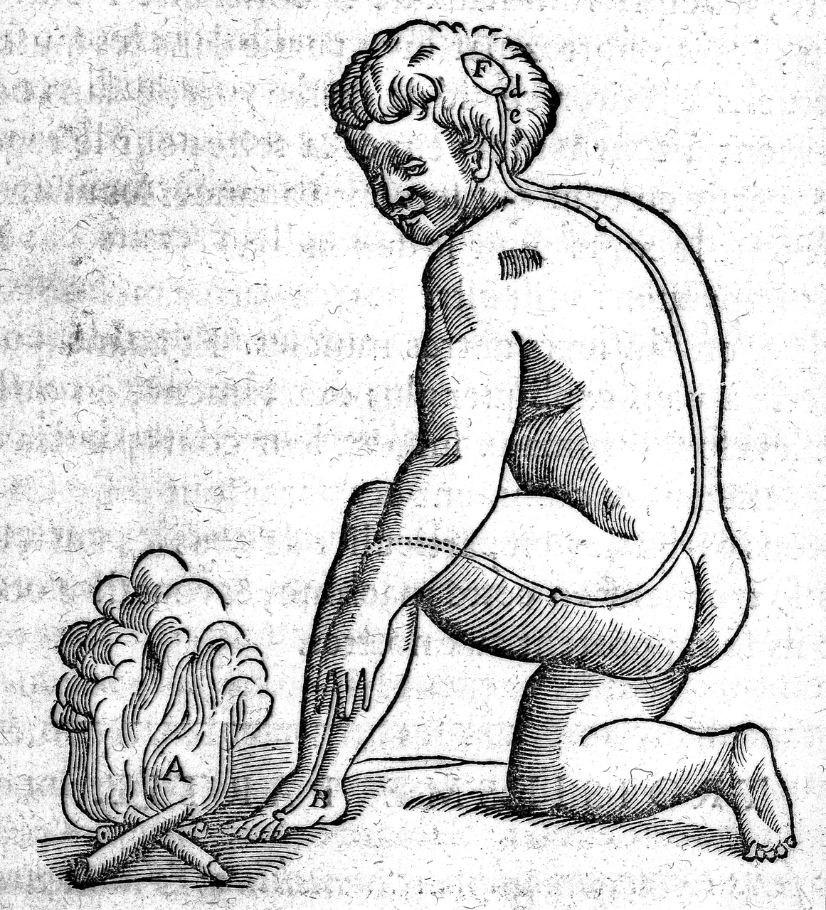 A woodcut of a kneeling boy whose foot is near a fire, a single thread drawn from the foot up the leg and spine to his head.
