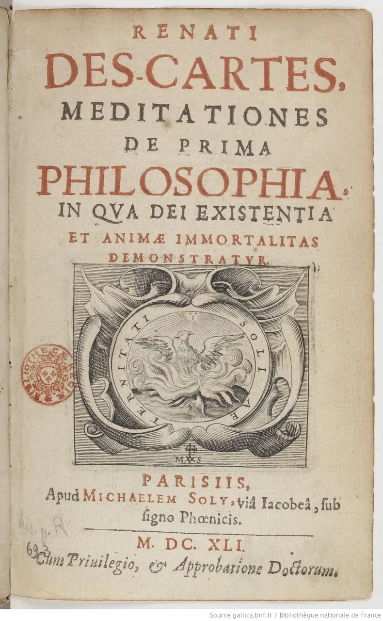 The title page of Descartes's Meditations, printed in red and black on aged paper around an engraved printer's device, Paris, 1641.