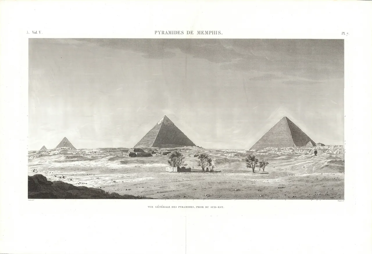 An engraved view across the desert to the pyramids of Giza, the two great pyramids and a smaller one standing on the horizon, a few figures and trees in the foreground.