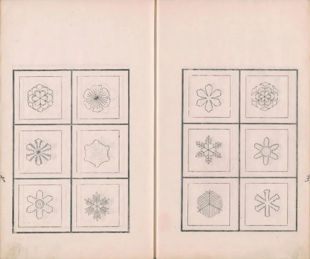 An open book page with twelve framed drawings of snow crystals, each a different six-fold star or plate, in white on pale ground.