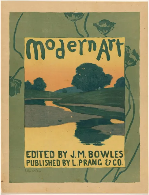 A poster with the words Modern Art over a flat landscape of a river winding through green fields at sunset, framed by poppy stems.