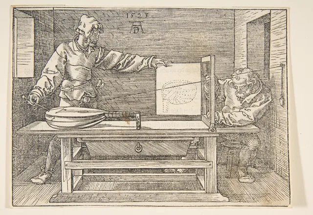 A woodcut of two men using a string and a frame to plot points of a lute, to draw it in correct perspective.