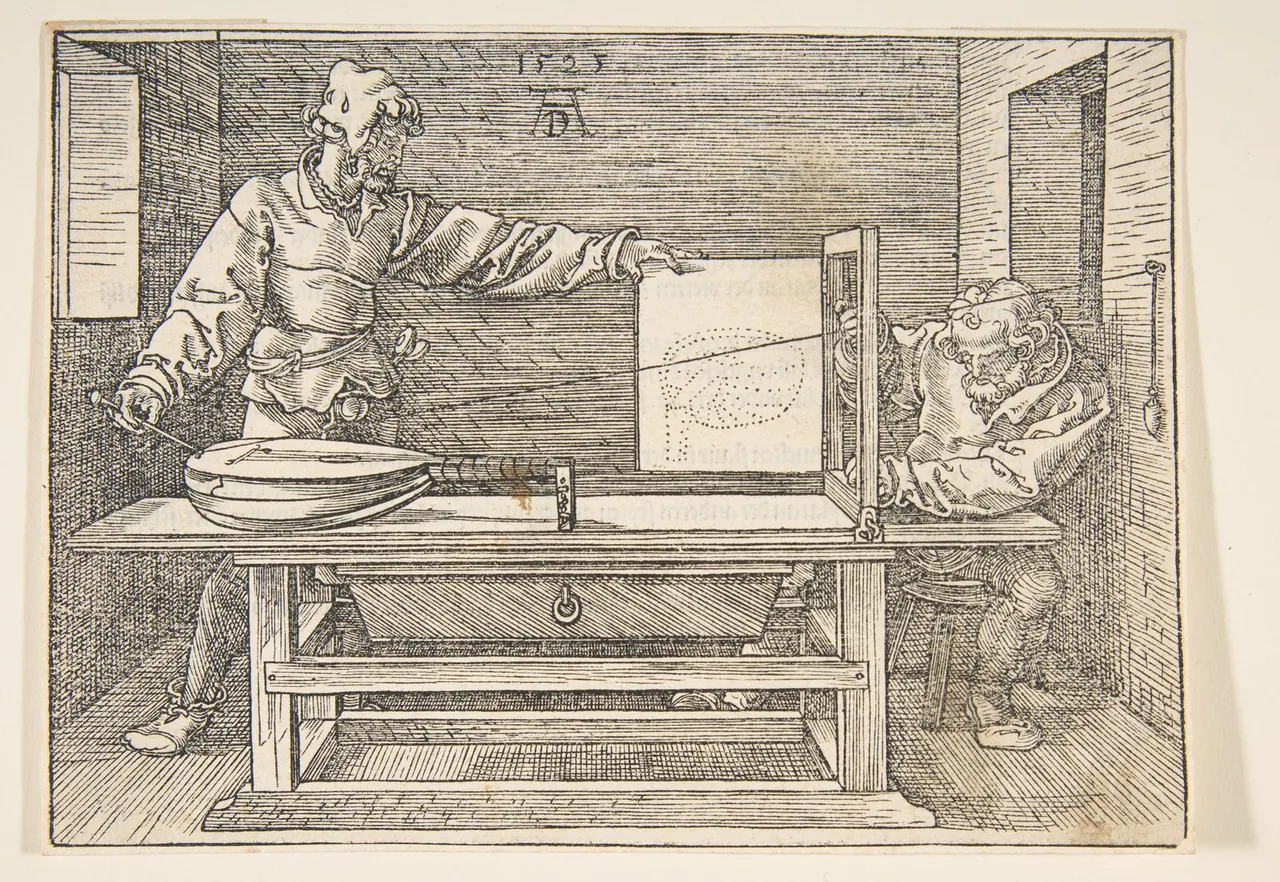 A woodcut of two men using a string and a frame to plot points of a lute, to draw it in correct perspective.