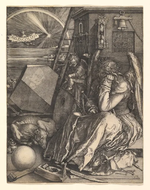 An engraving of a winged figure sitting chin in hand among tools of measurement: a compass, a polyhedron, a sphere, a scale, an hourglass and a magic square.