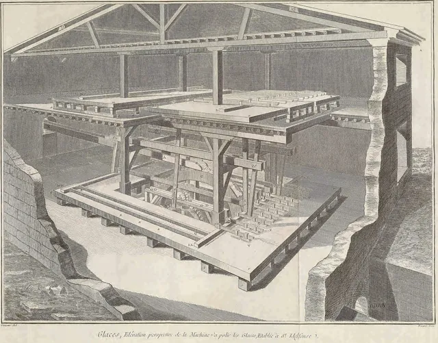 An engraved cutaway of a timber-framed building housing a large machine with frames and tables for working plate glass.