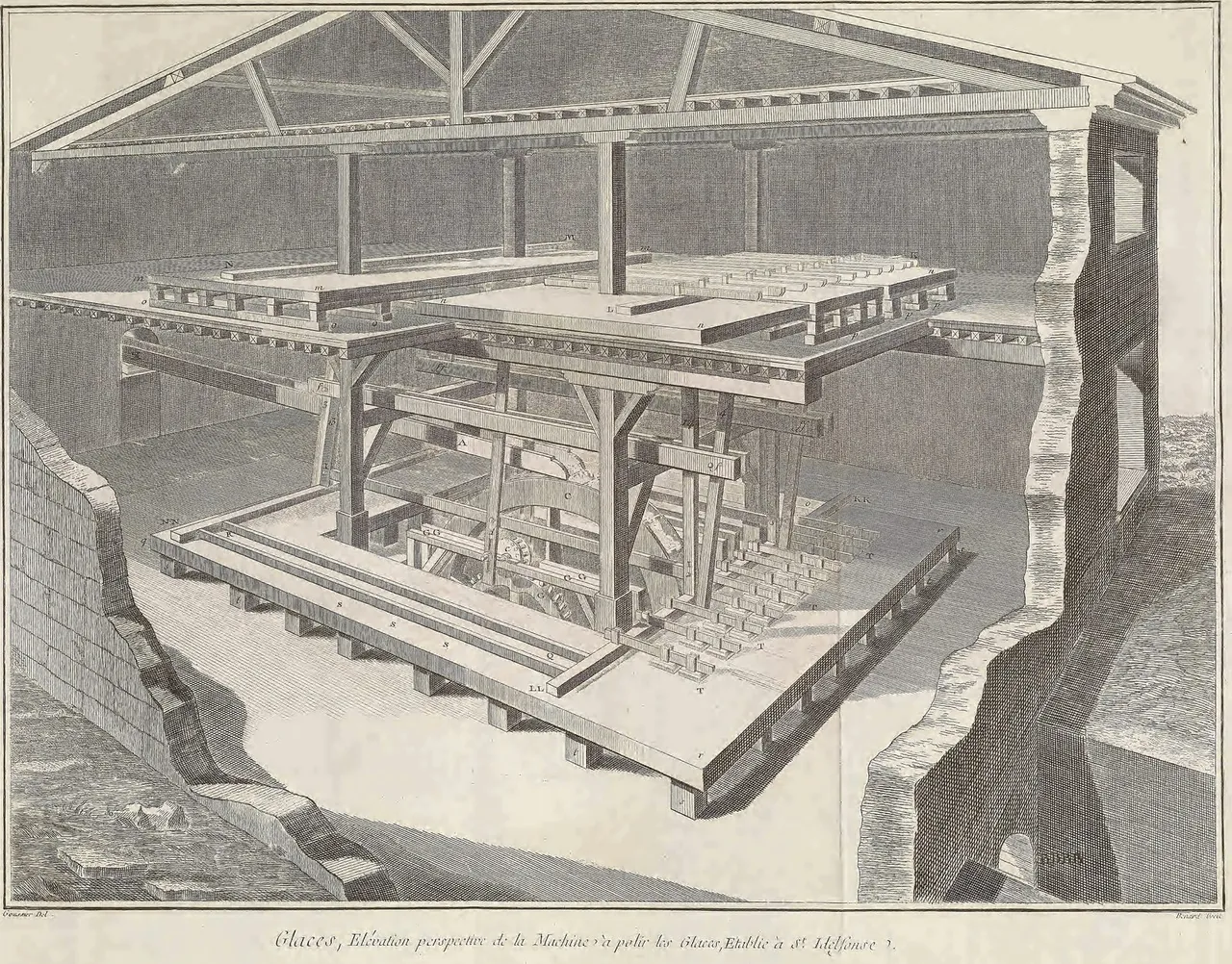 An engraved cutaway of a timber-framed building housing a large machine with frames and tables for working plate glass.