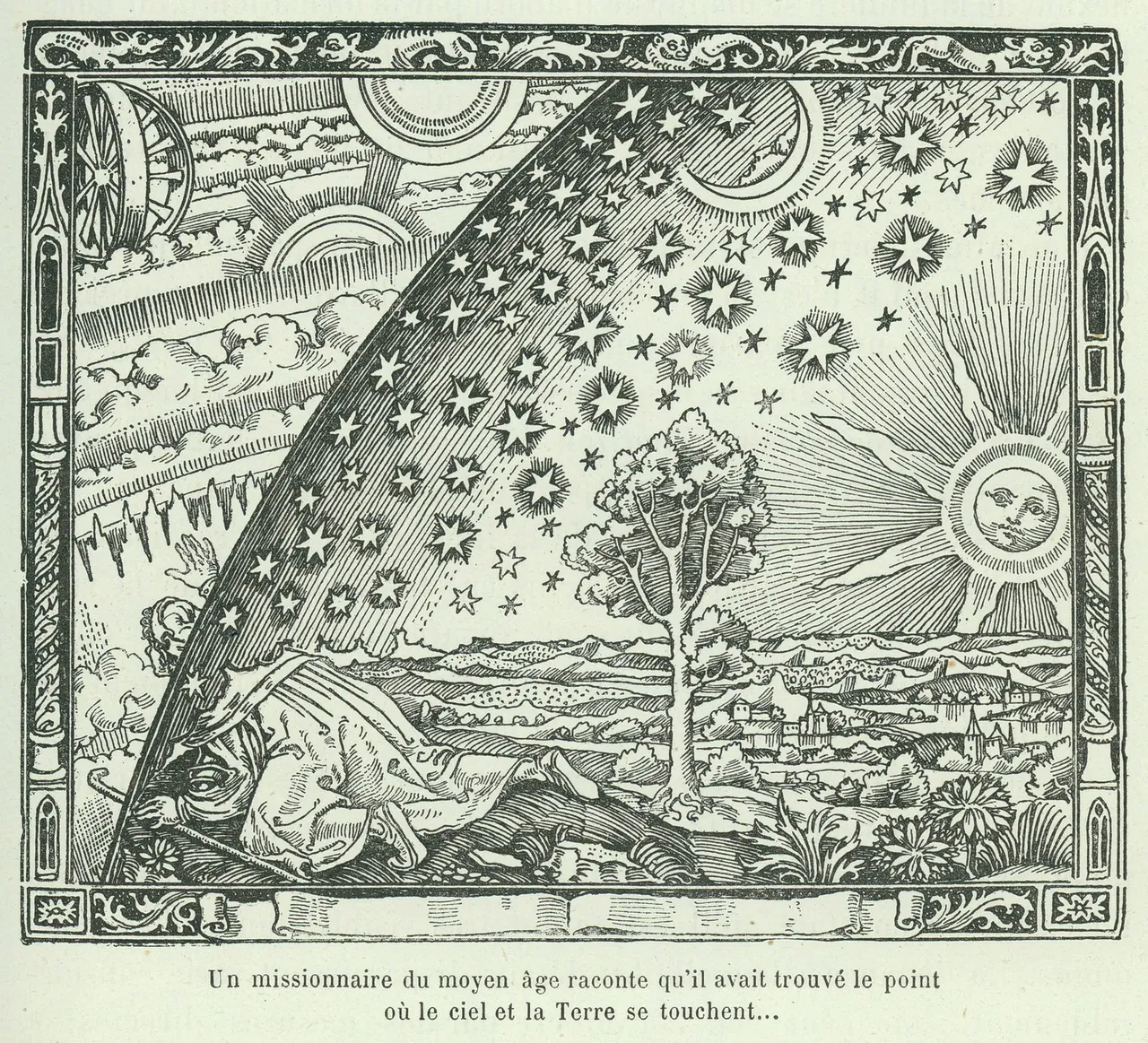 A wood engraving of a traveller kneeling at the edge of the earth, pushing his head through the starry sky to see wheels and clouds of light beyond.