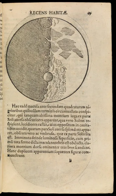 A printed page headed Recens habitae with a round engraving of the Moon's rough, shadowed surface above Latin text.