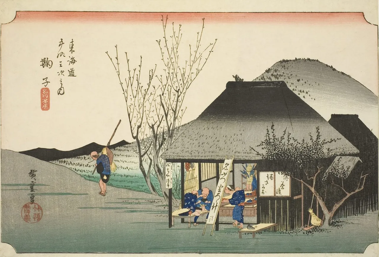 Two travellers sit eating at a thatched roadside tea shop beside a bare plum tree while a woman serves them and another traveller walks past.