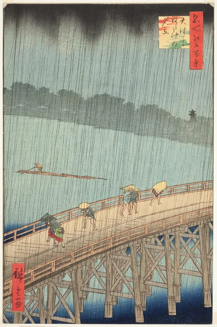 People hurry across a long wooden bridge under umbrellas and straw mats as dark slanting rain falls over the river.