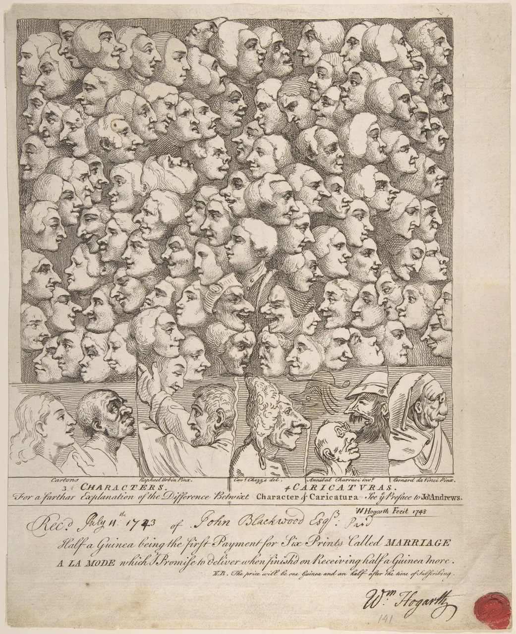An etching crowded with dozens of drawn faces in profile, each a different character, with a few caricatured heads at the bottom.