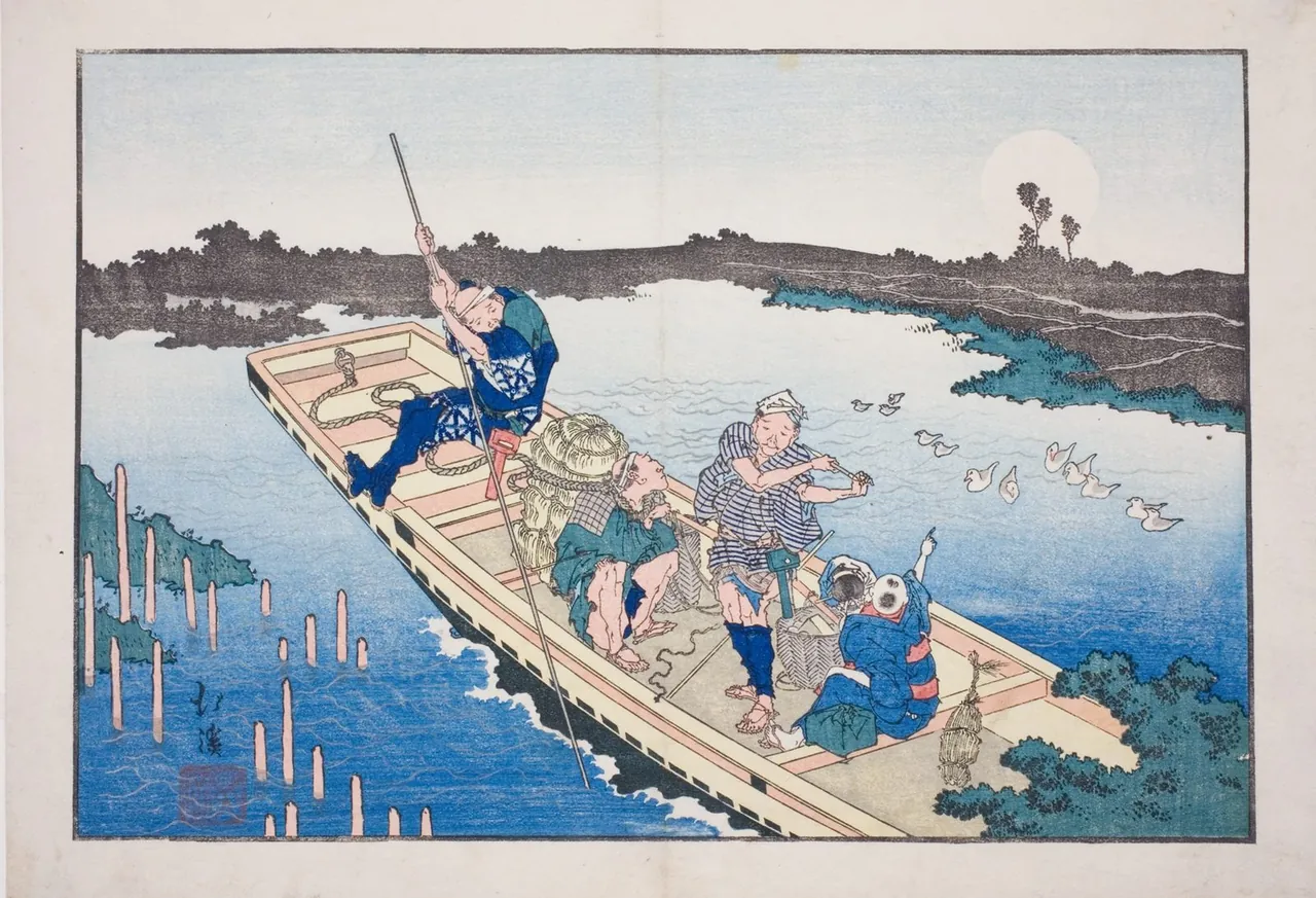 A ferryman poles a flat boat full of passengers across a blue river under a full moon.
