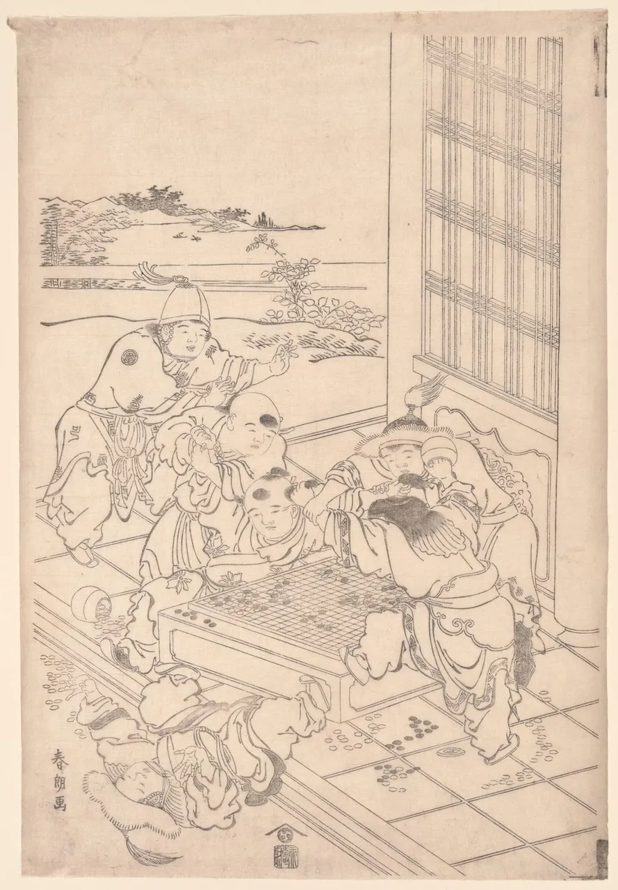 A line-only print of a group of boys crowded around a go board, two of them arguing over the game.