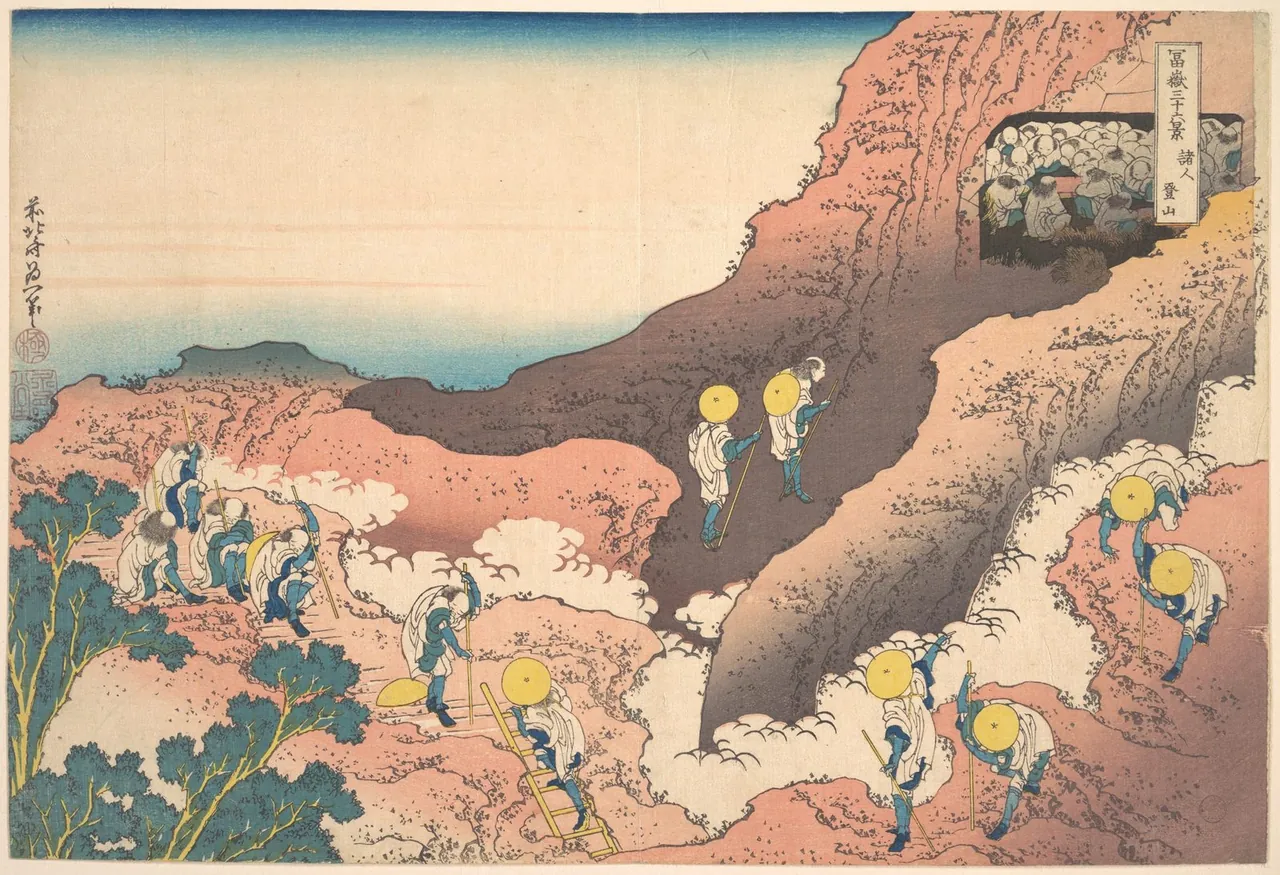 Pilgrims in white climb the steep rust-red flank of Mount Fuji in a long line, some resting in a hut cut into the slope.