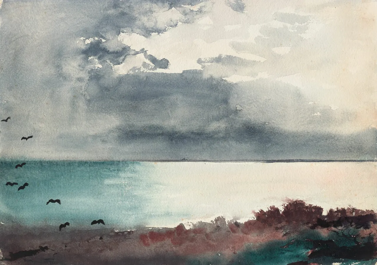 A watercolour of a dark indigo storm sky breaking over a rocky shore and grey sea.