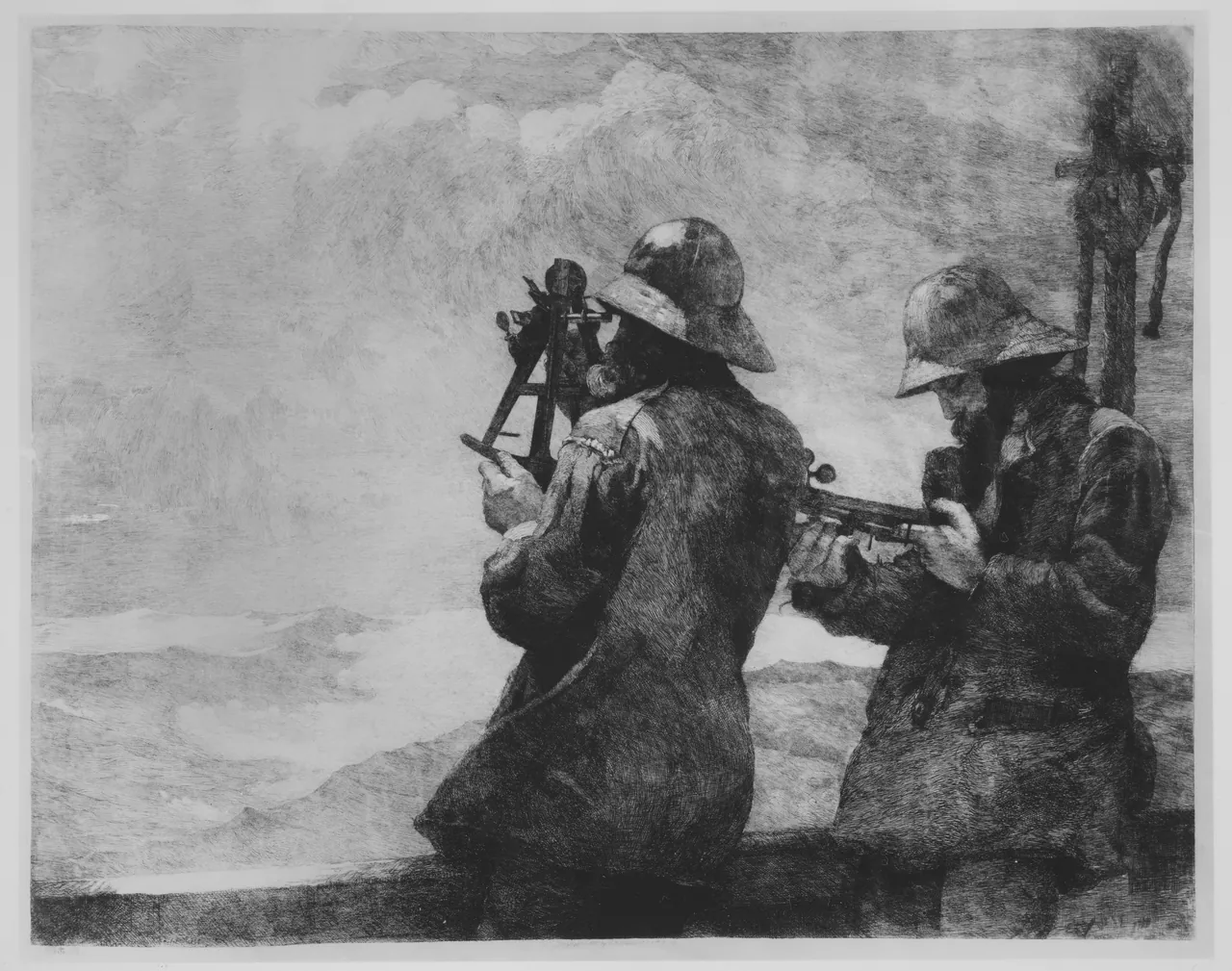 Two sailors in oilskins on a ship's deck taking a reading with sextant and quadrant to fix the ship's position, a grey sea behind them.