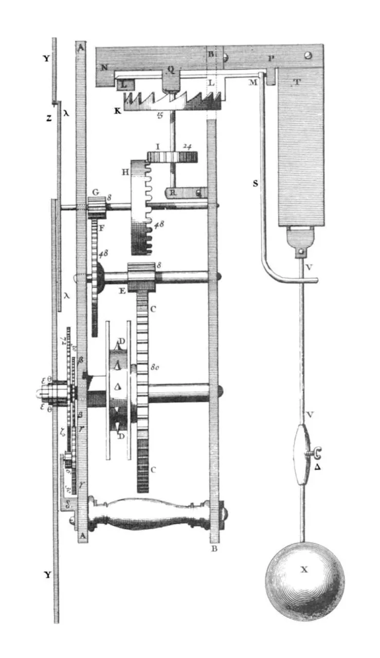 A line drawing of a clock mechanism of gears and frames from which a long pendulum hangs with a heavy round bob.
