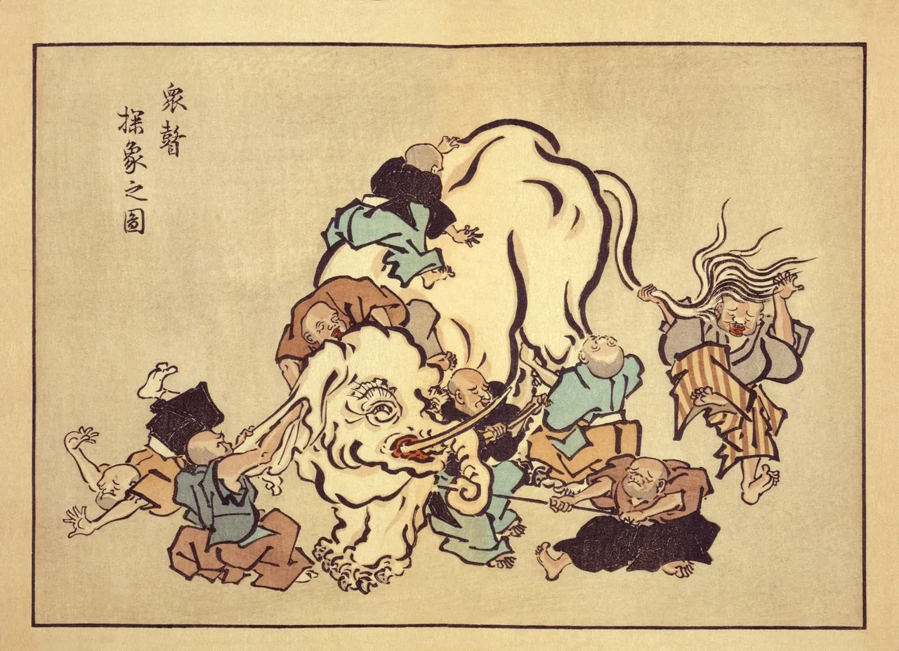 A group of blind monks crowd around a white elephant, each touching a different part, its trunk, ear, tusk or leg, and each making something different of it.