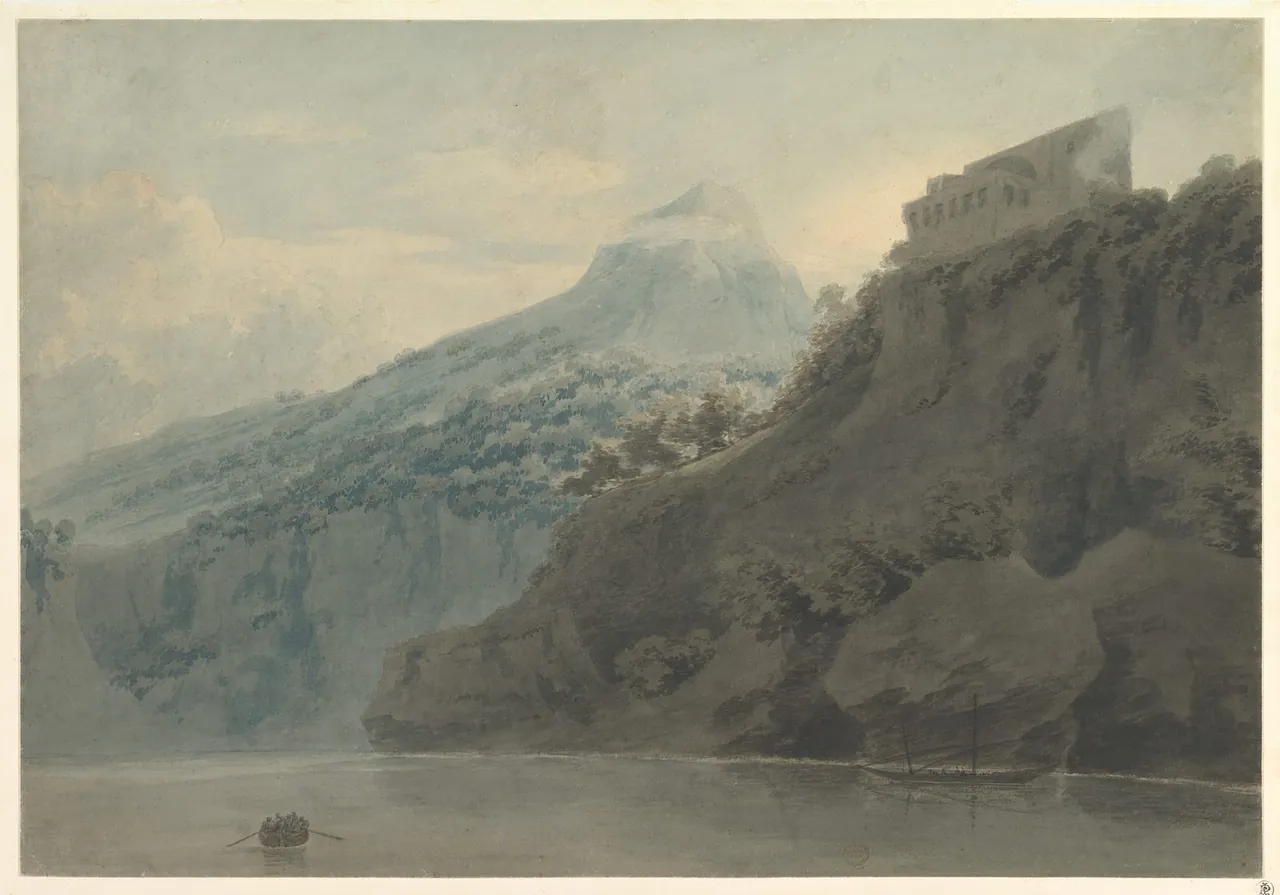 A quiet blue-grey watercolour of a bay ringed by hills, with one small boat on the water.