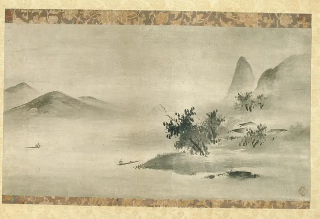 A wide ink painting of mostly empty paper with a few islands of grey ink: trees, rocks and distant hills.
