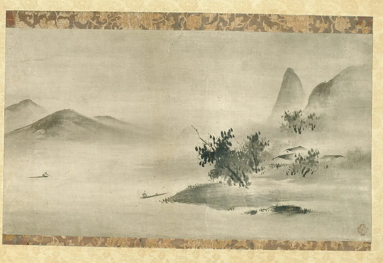 A wide ink painting of mostly empty paper with a few islands of grey ink: trees, rocks and distant hills.