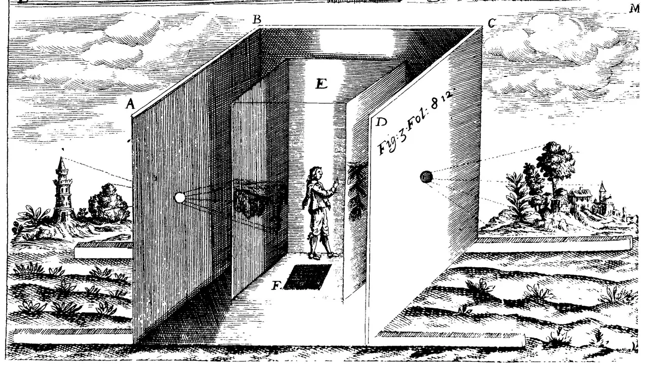 A cutaway engraving of a box-like room with a hole in each wall, a man inside tracing the image of the trees and buildings outside projected onto a translucent screen.