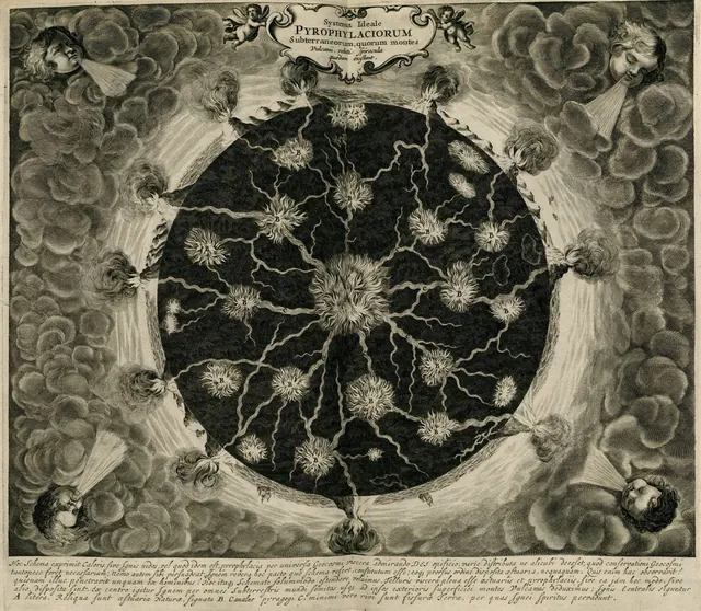 An engraving of the Earth cut open, its dark interior laced with glowing channels of fire linking chambers to volcanoes at the surface, with wind-heads around it.