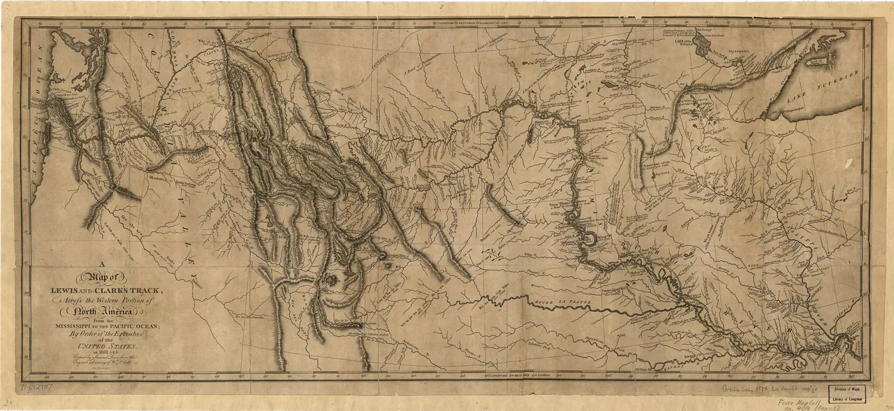 An engraved map of the American West in 1814, rivers and mountain ranges traced along the route of the expedition from the Mississippi to the Pacific.