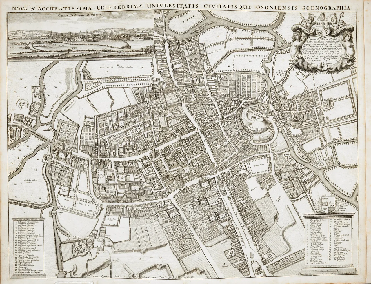 An engraved bird's-eye map of Oxford in 1675 with every college, hall and street drawn, a view of the city on the skyline above and a numbered key below.