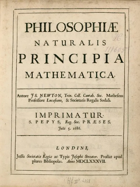 The printed title page of Newton's Principia, 1687, with the imprimatur of Samuel Pepys and a library stamp.