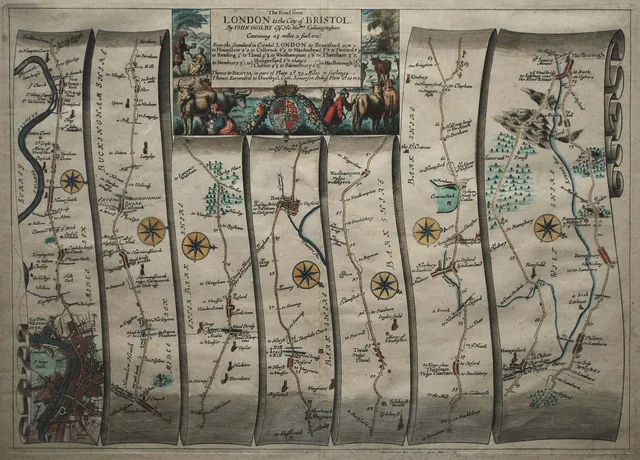 A strip map drawn as a series of vertical scrolls, each showing a stretch of road with its turnings, towns and compass rose.