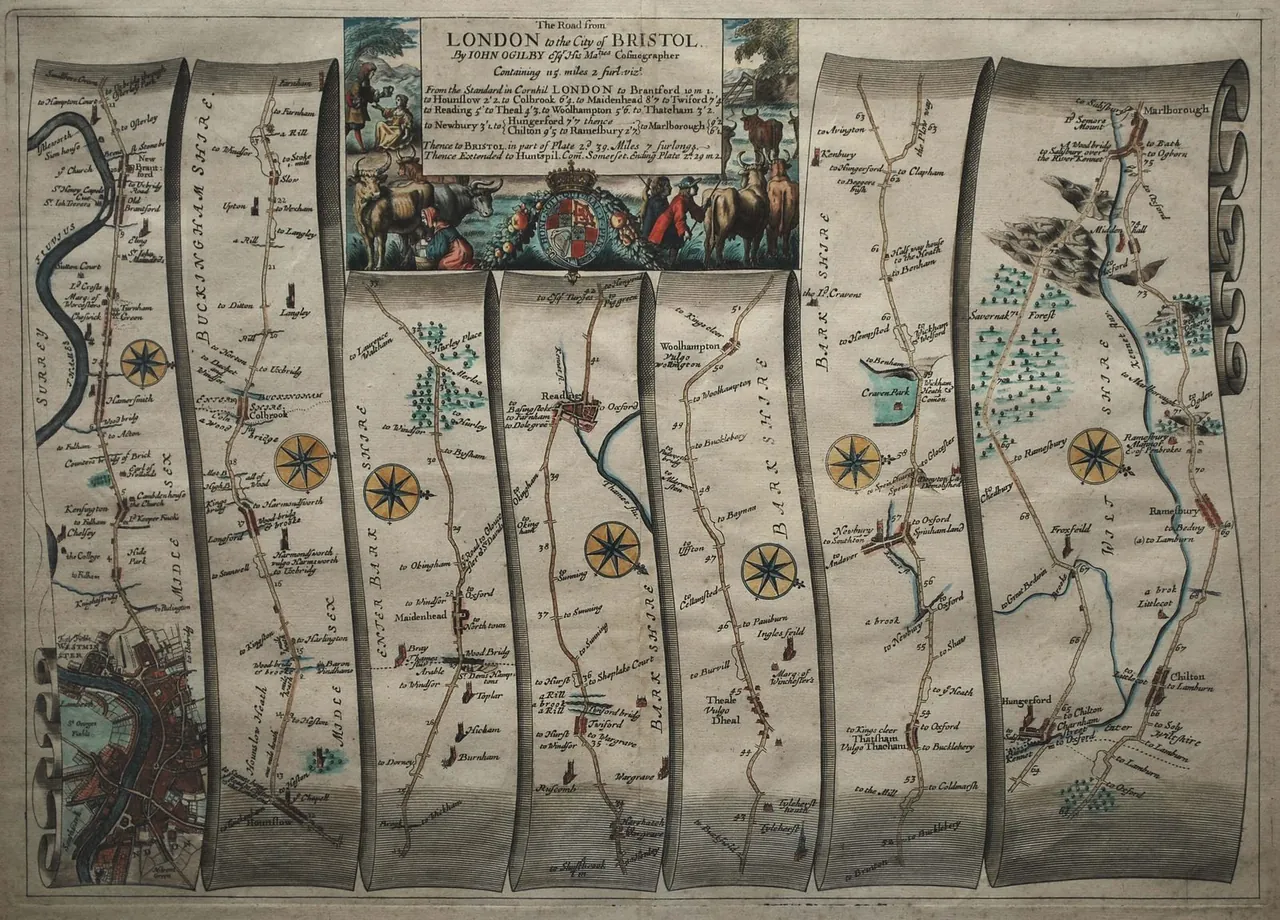 A strip map drawn as a series of vertical scrolls, each showing a stretch of road with its turnings, towns and compass rose.