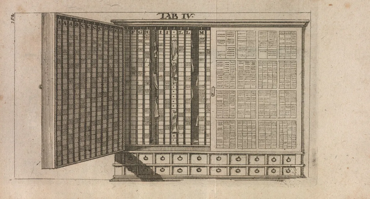 An engraved cabinet with its doors open, its inside lined with rows of labelled hooks for hanging slips of notes, and drawers along the bottom.