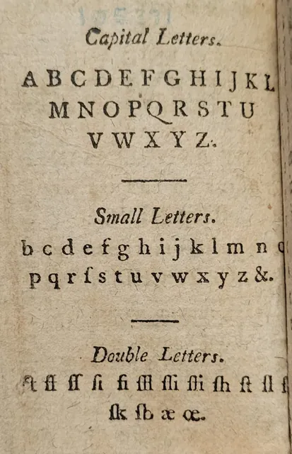 A worn book page printing the alphabet in capital and small letters, followed by double letters including the long s.