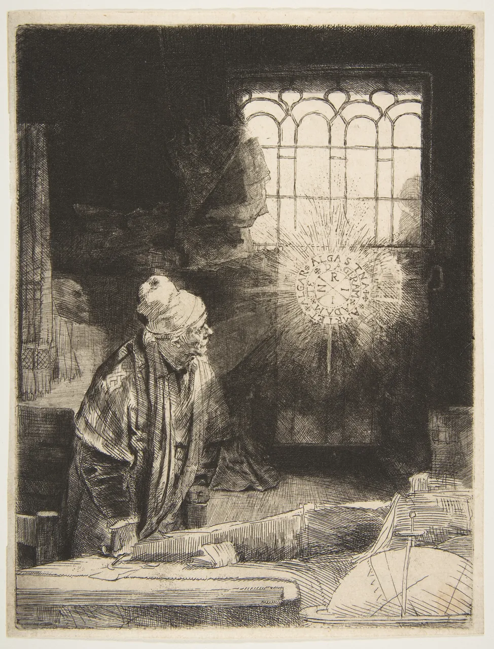 A scholar rises from his desk of books and instruments to look at a disc of light with lettering that has appeared in the window of his dark study.