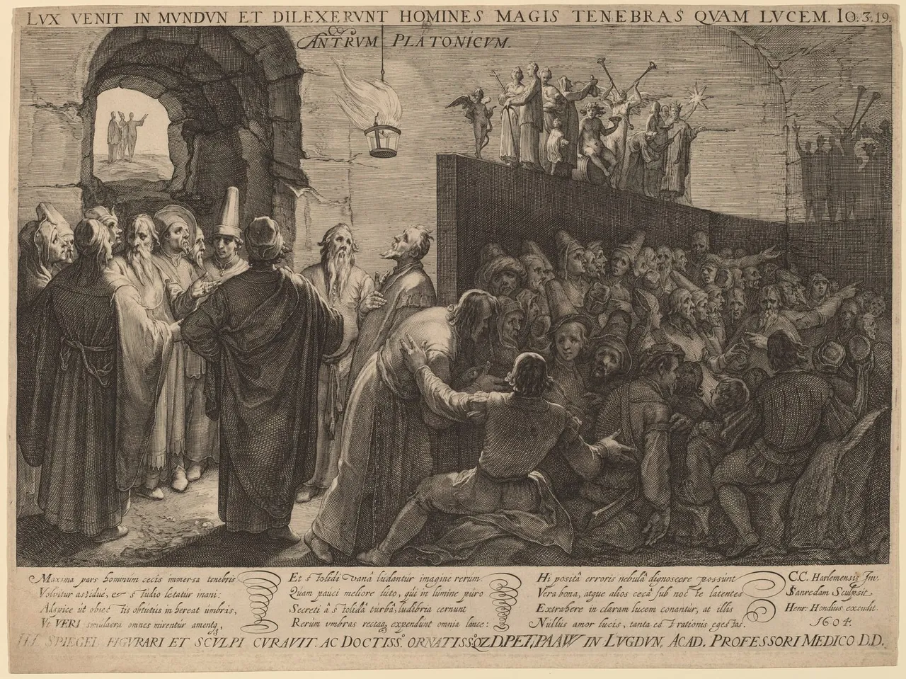 An engraving of a crowd in a cave watching shadows of statues cast on the wall by a fire, while a few figures point toward the light outside.