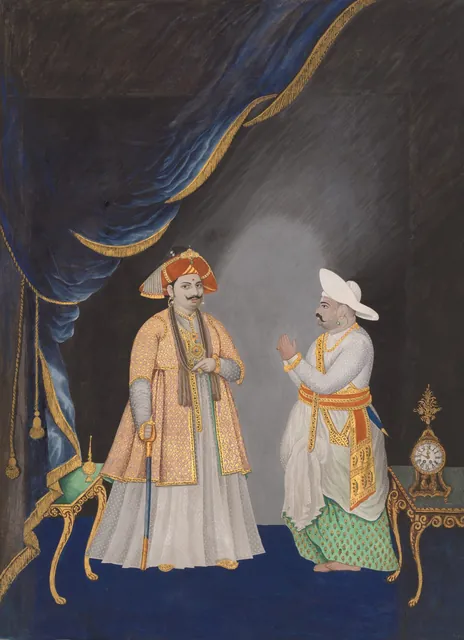A Thanjavur painting of Maharaja Serfoji II and his minister standing side by side in white robes and turbans, with raised gold details.